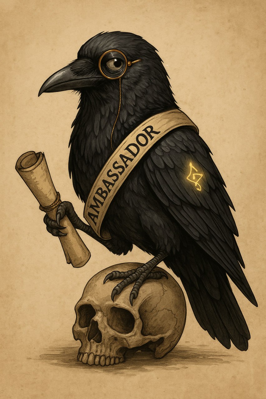 Grimly's mystical raven character with monocle and scroll